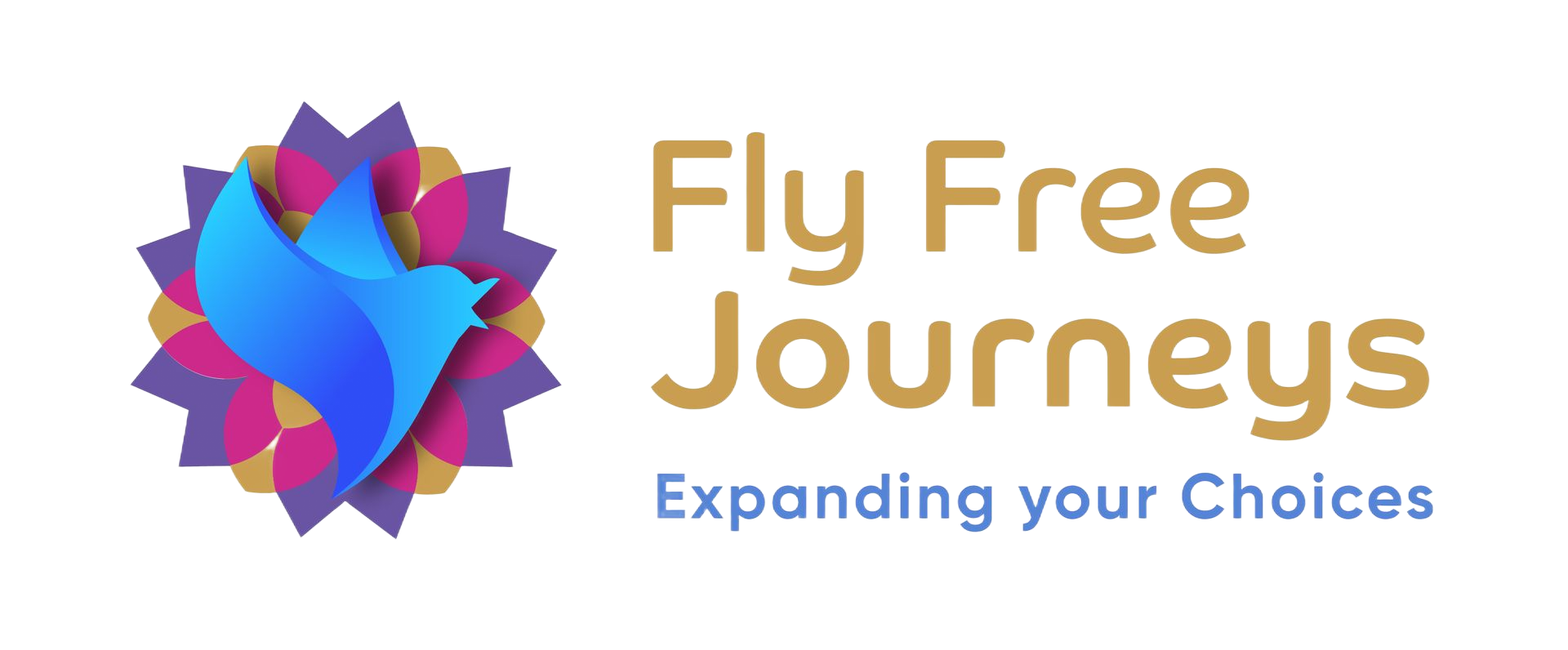 Fly Free Journeys logo with multicolored pinwheel and gold text, “Expanding your Choices” tagline