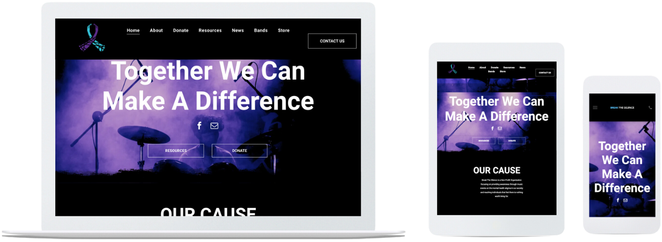 Donation webpage shown on desktop, tablet, and phone with purple “Together We Can Make A Difference” banner