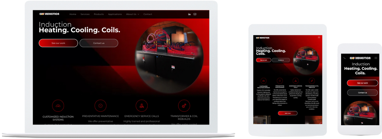 Website mockup shown on desktop, tablet, and phone with a red-and-black HVAC homepage