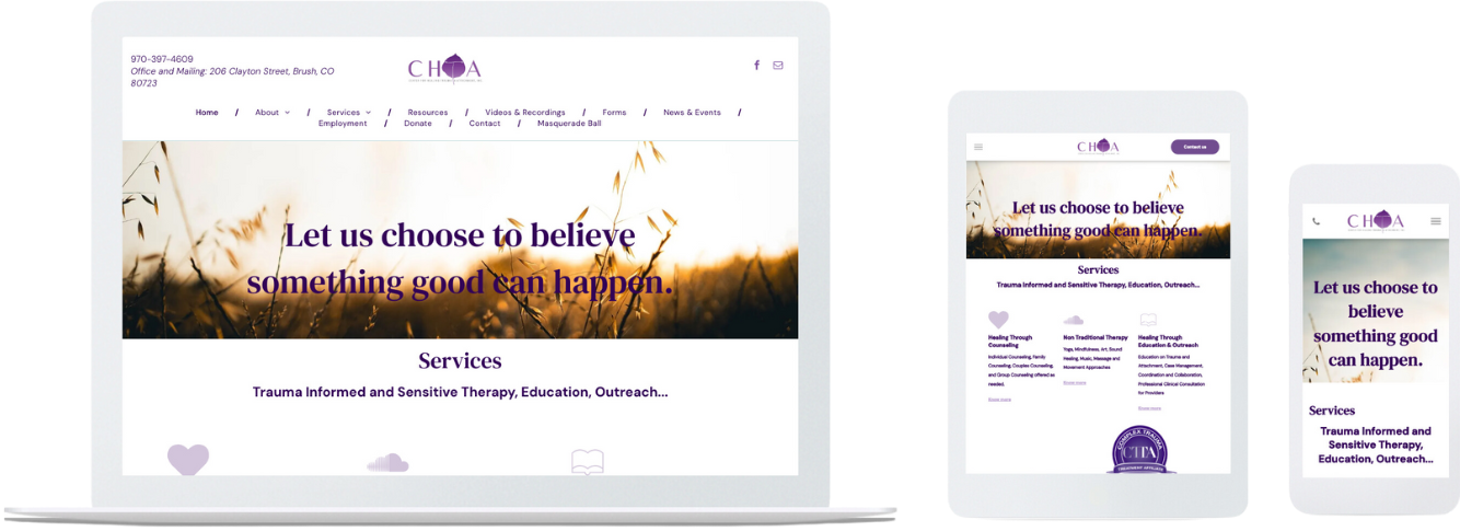 Website mockup shown on laptop, tablet, and phone with purple floral design and inspirational banner.
