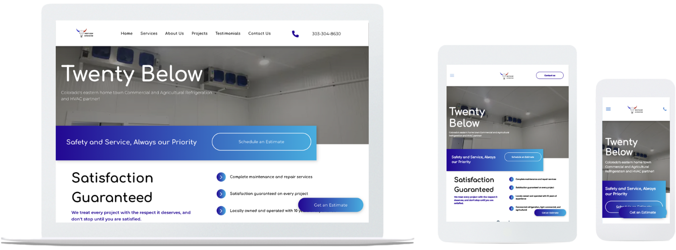 Responsive web design mockup shown on desktop, tablet, and phone screens with a blue-and-gray website layout