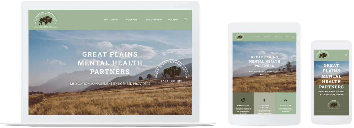 Website mockup shown on desktop, tablet, and phone with mountain landscape hero image and green header