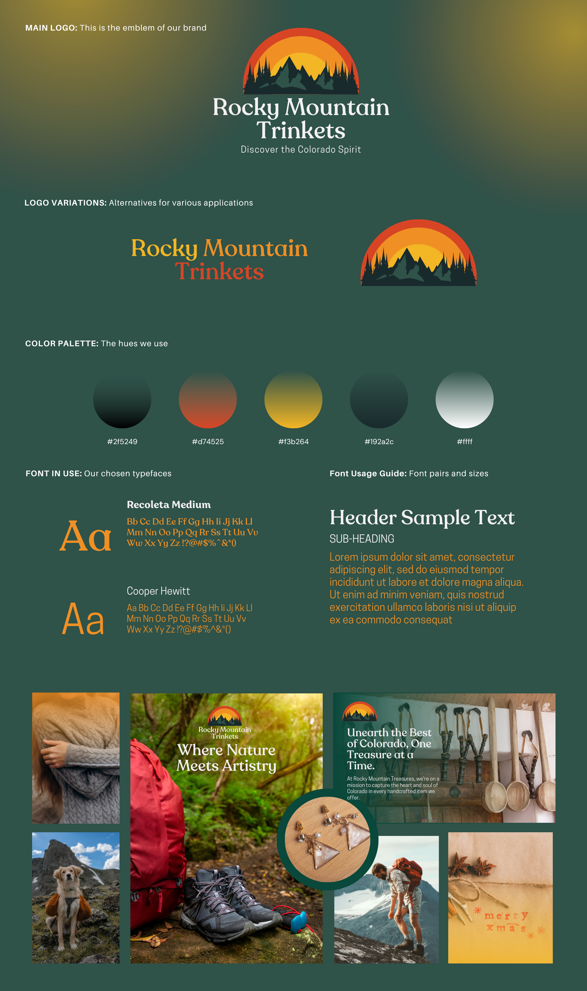 Rustic mountain-themed brand board with logo, earthy color palette, typography, and outdoor lifestyle photos