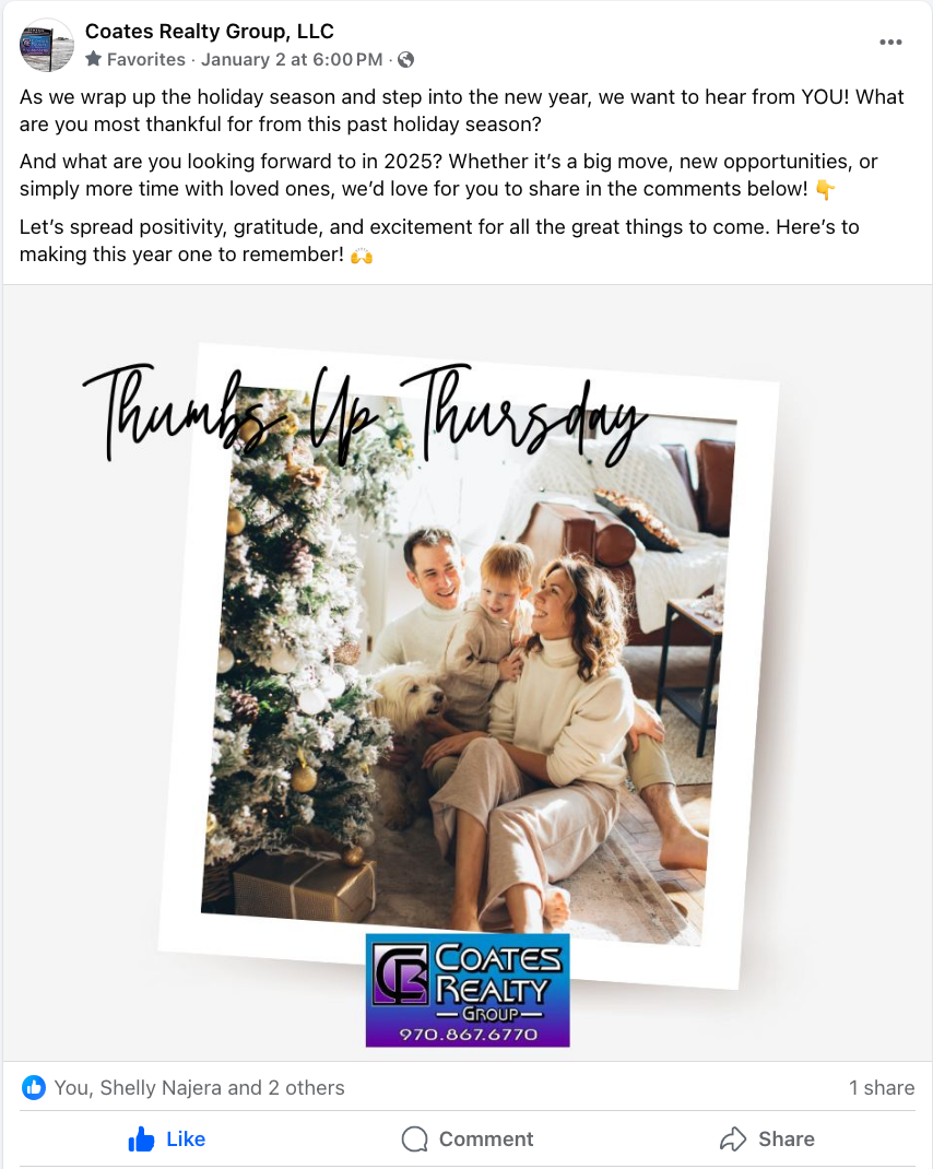 Family in a festive Christmas photo collage with greenery and a “Thankful Thursday” caption