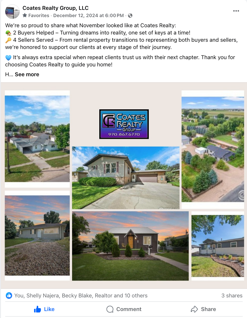 Facebook post collage of a house, landscaping, and a colorful logo for a landscaping company