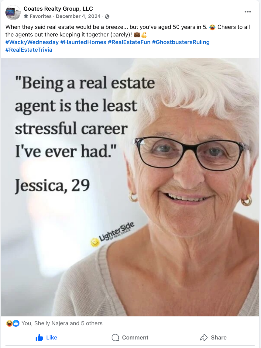 Woman with glasses smiling beside quote: “Being a real estate agent is the least stressful career I’ve ever had.”