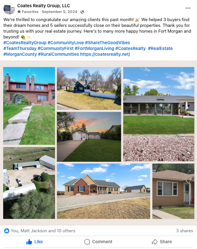 Collage of nine photos showing a brick house, driveway, yard, and landscaped property in suburban setting