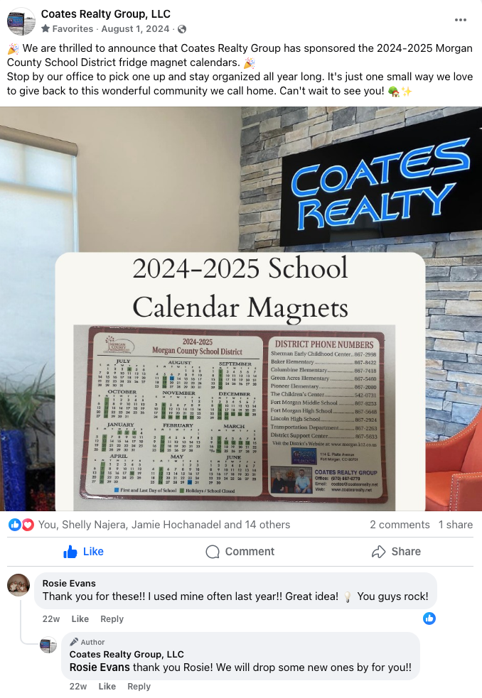 Calendar ad for Cates Realty showing 2024-2025 school calendar magnets inside a storefront window