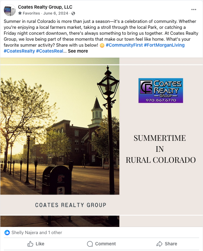Sunlit rural Colorado street with Coates Realty Group branding and the text “Summertime in Rural Colorado”