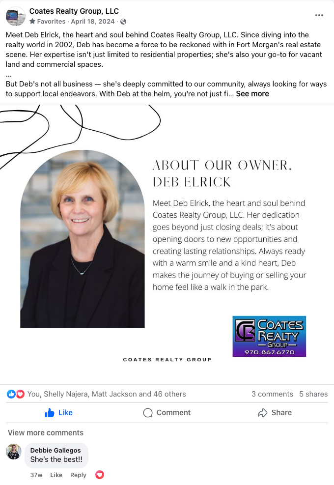 Facebook post featuring a portrait and headline “ABOUT OUR OWNER, DEBBIE CRUTE” with a real estate logo