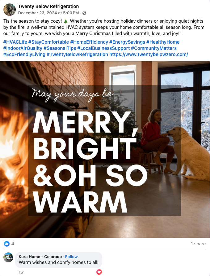 Dog looking out a window beside holiday text: “Merry, Bright & Oh So Warm”
