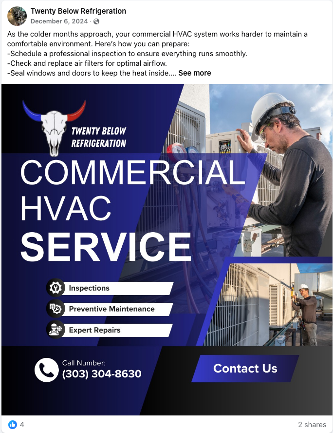 Commercial HVAC service ad with technician inspecting equipment, blue background, contact number and 