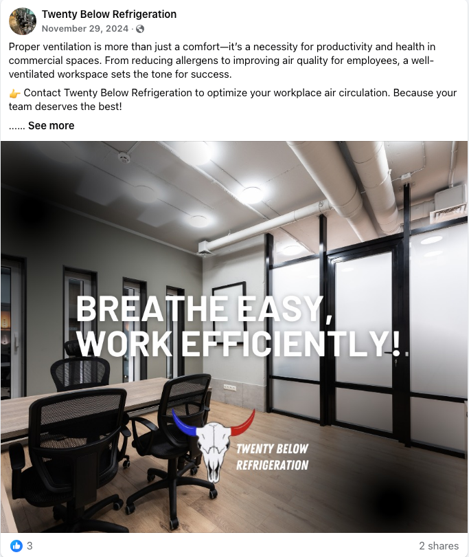 Modern office with ergonomic desk chair, glass walls, and large text: “BREATHE EASY, WORK EFFICIENTLY!”