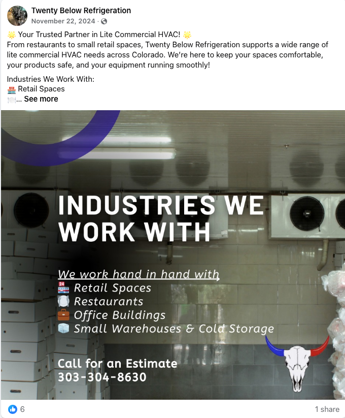 Industrial HVAC ad with large white text service list: retail, restaurants, offices, warehouses, cold storage