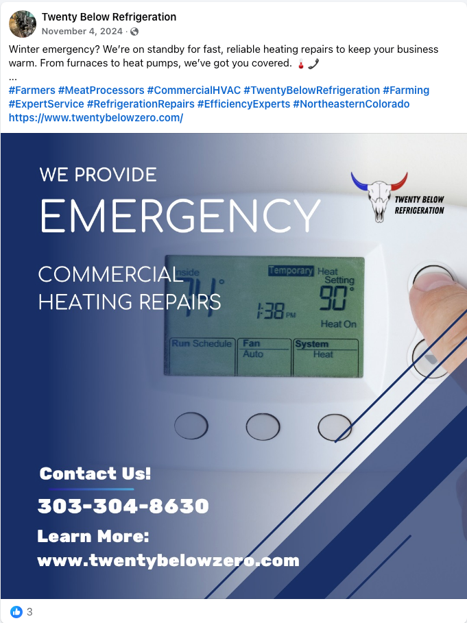 Blue ad for Twenty Below Zero: emergency commercial heating repairs, thermostat image, contact info and website.