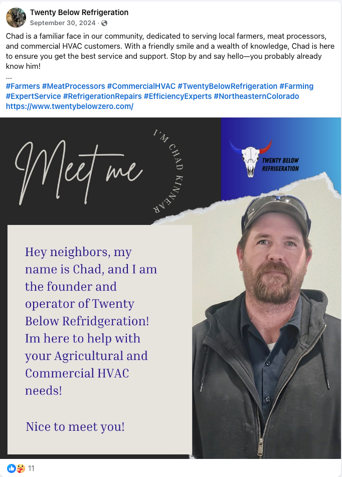 Promotional flyer for Trevity Below Refrigeration with a man in a black jacket and “Meet me” text.