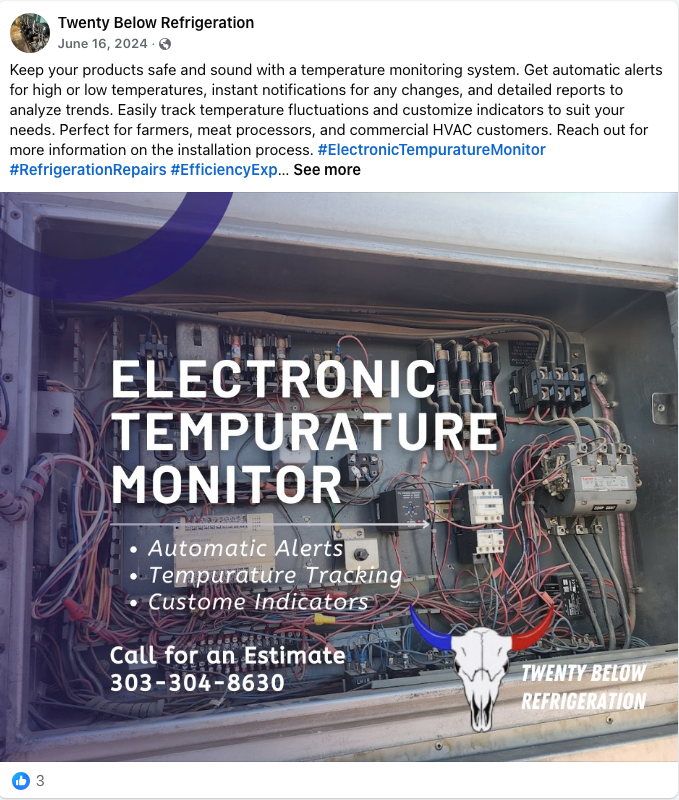 Truck dashboard with exposed wiring and an electronic temperature monitor ad overlay, listing alerts and contact info