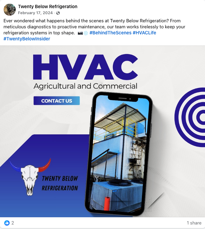HVAC advertising graphic for Twenty Below Refrigeration, with a blue “Contact Us” button and equipment photo