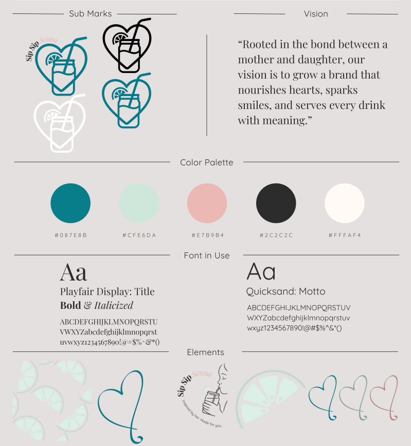 Brand style mood board with teal hearts, color swatches, fonts, and a quote about being rooted between two worlds