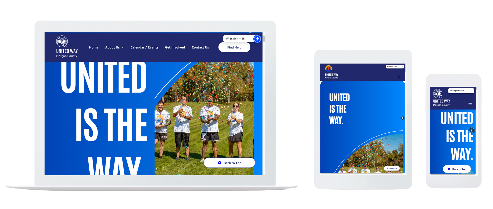 Website mockup on tablet and phone with blue header and large “UNITED IS THE WAY” campaign banner