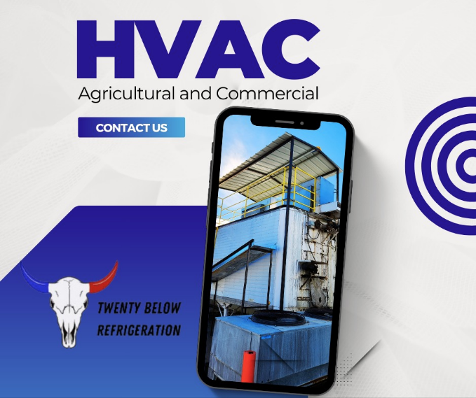 HVAC Agricultural and Commercial ad with blue logo, contact button, and refrigerated enclosure on a phone screen