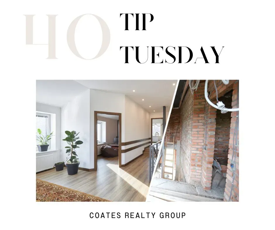 Tip Tuesday real estate graphic with bright home interior and exposed brick wall, Coates Realty Group