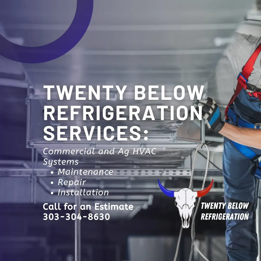 Twenty Below Refrigeration Services ad with technician and HVAC maintenance text