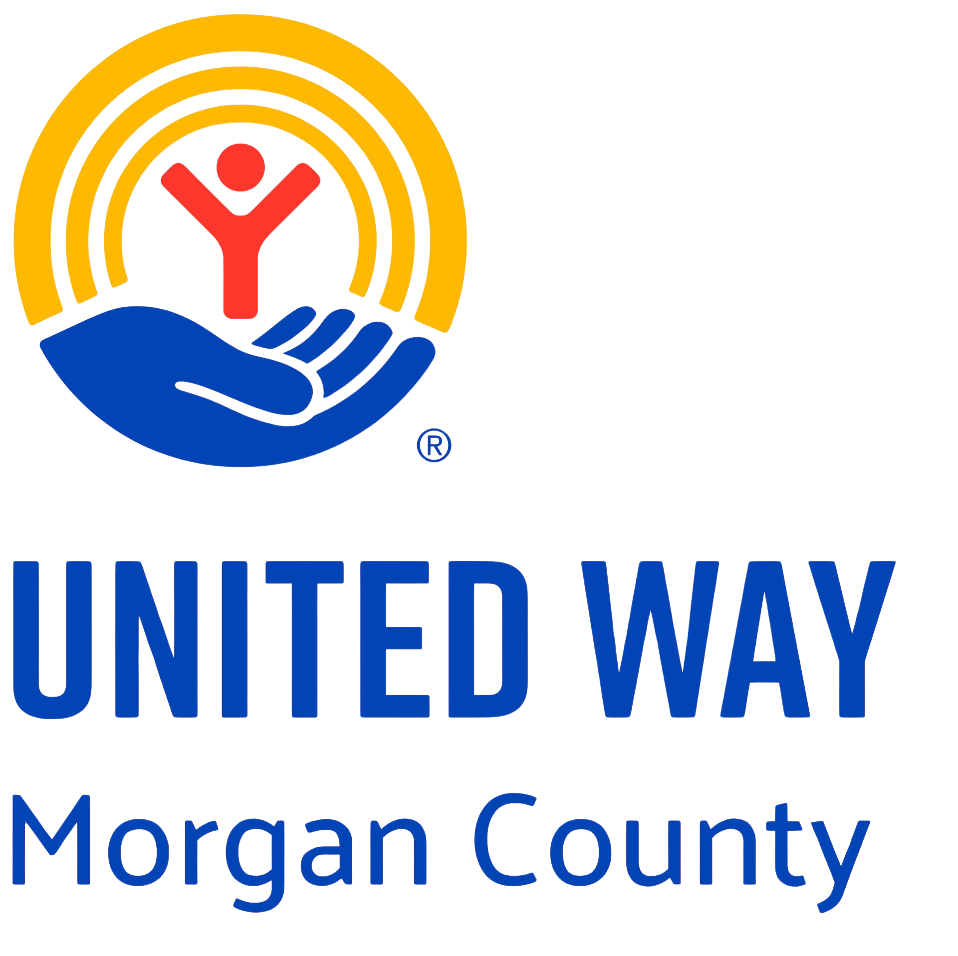 United Way Morgan County logo with blue hand, red figure, and yellow arcs