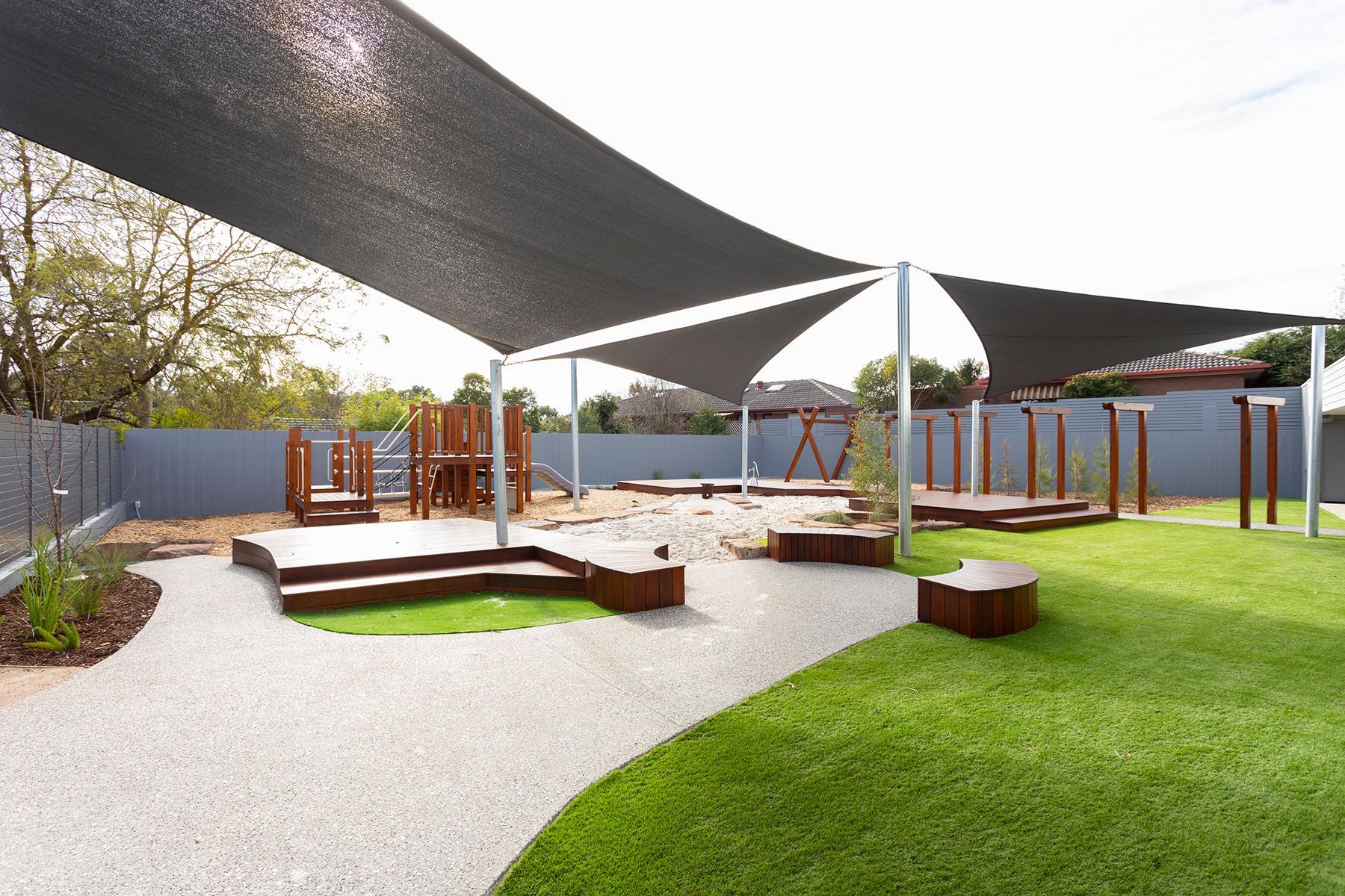 Outdoor Playground With Shade Sails, Wooden Play Structures — RYDALL BUILDING AND DEVELOPMENT in Freshwater, QLD