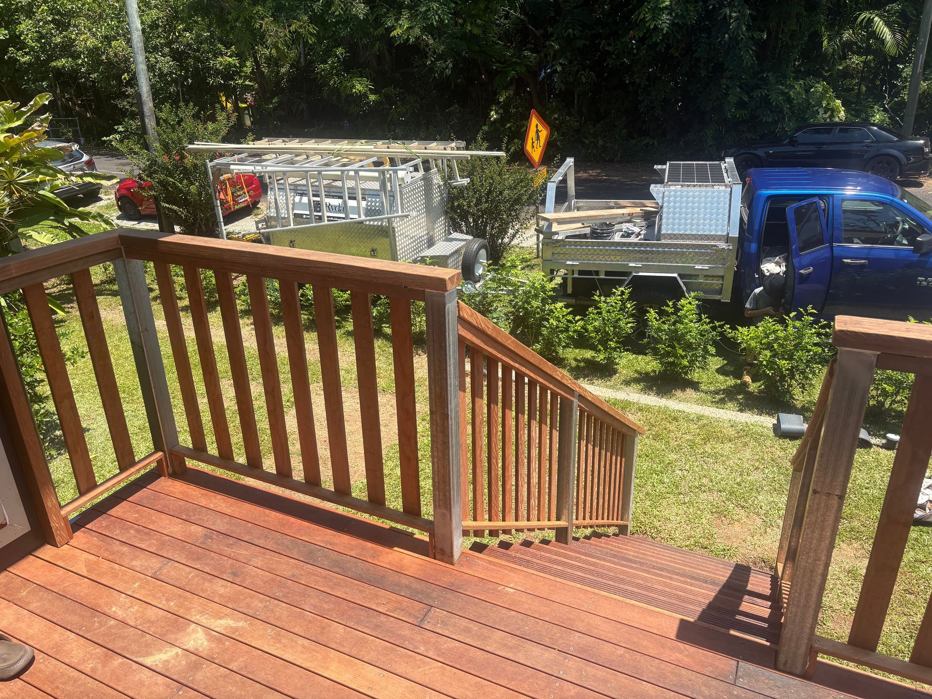 Wooden Deck Stairs Overlooking a Yard — RYDALL BUILDING AND DEVELOPMENT in Freshwater, QLD
