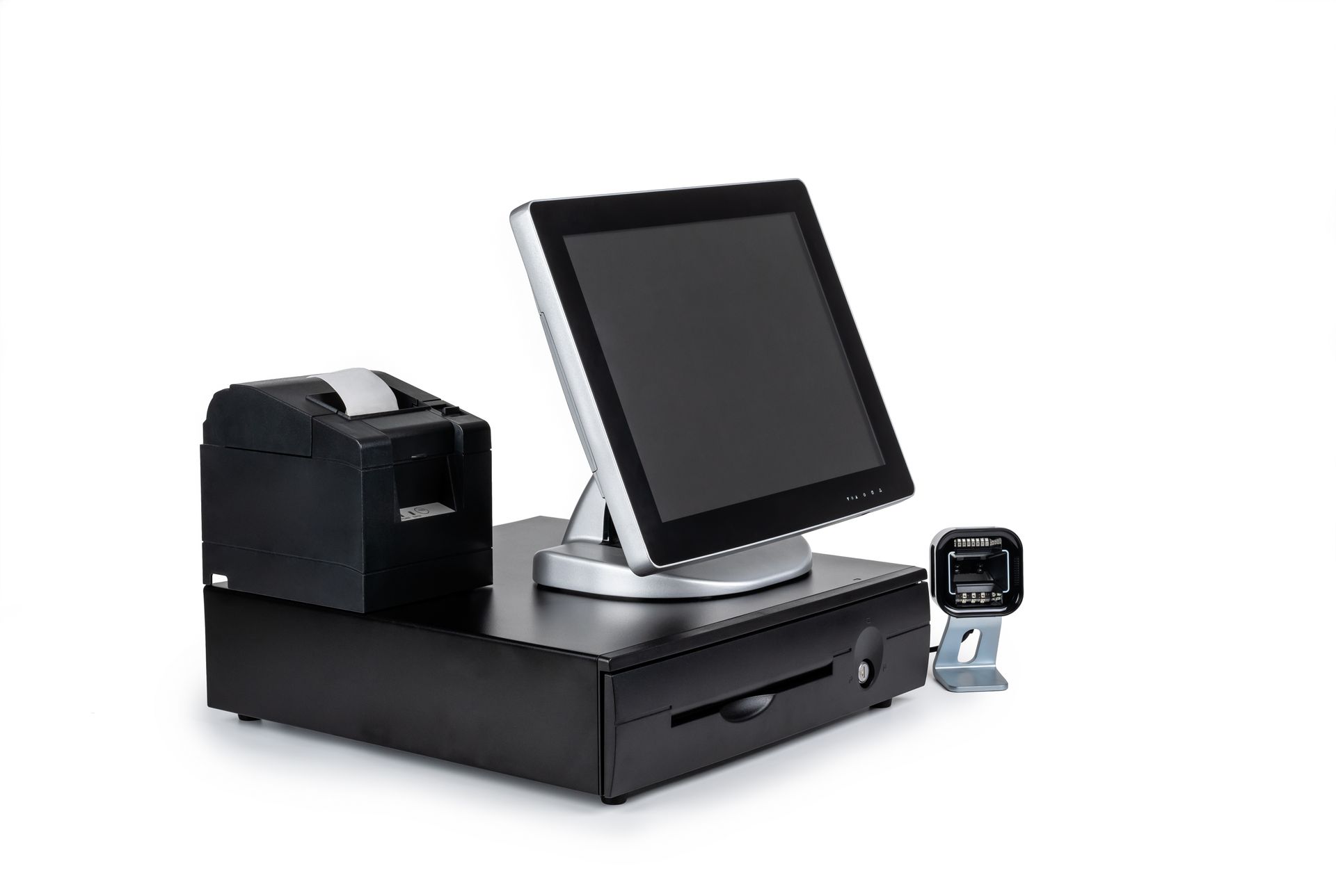 Black point-of-sale terminal with touchscreen, receipt printer, and card reader on a counter Black point-of-sale terminal with touchscreen, receipt printer, and card reader on a counter