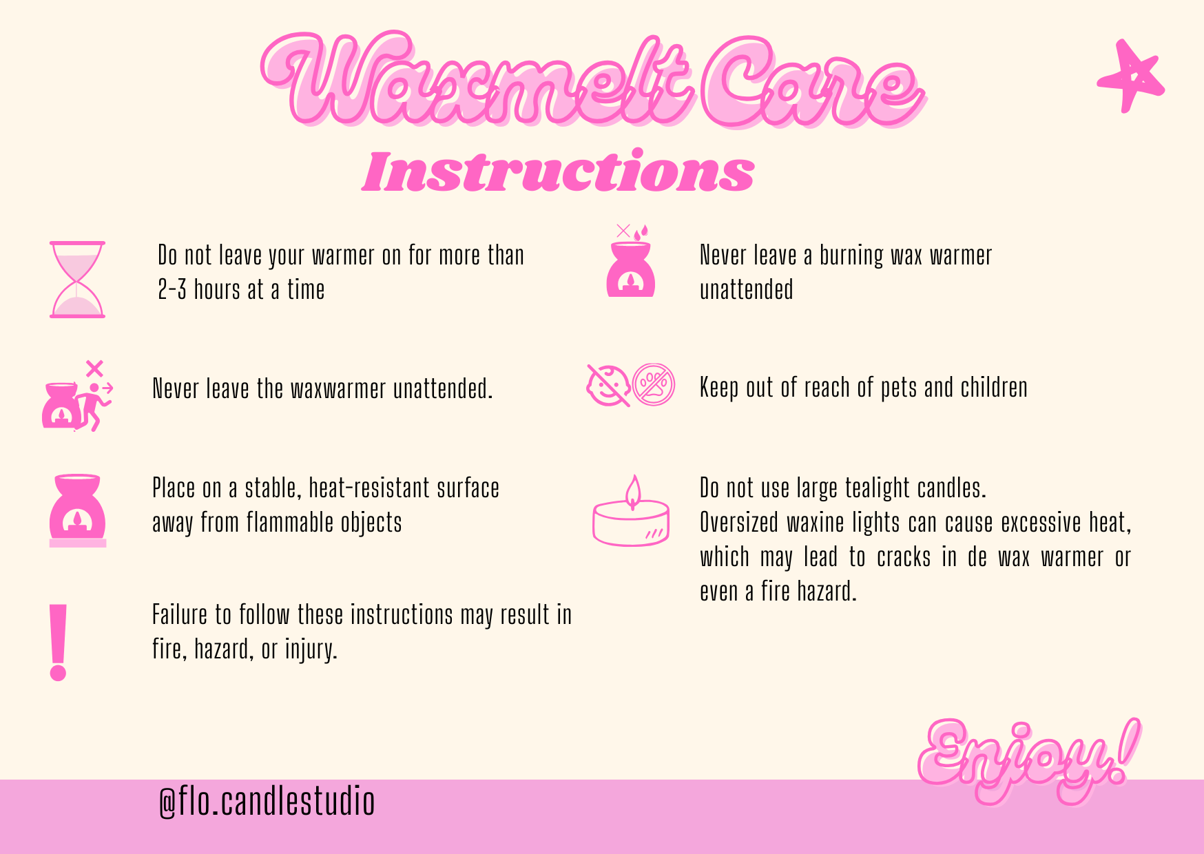 Instructies voor het onderhoud van waxmelts met veiligheidspictogrammen en tekst op een crèmekleurige achtergrond, met daaronder het merk @flo.candlestudio.