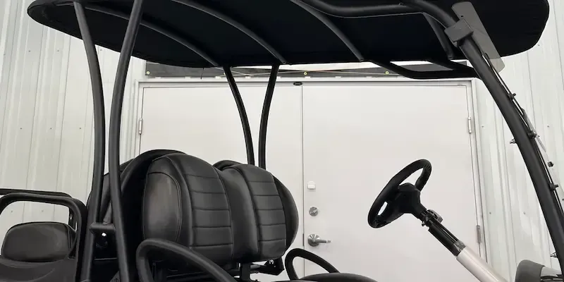 Black golf cart interior with steering wheel, seats, and canopy frame against a white wall.