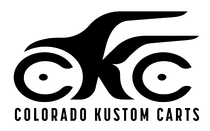 Black and white Colorado Kustom Carts logo with stylized wheels and flames