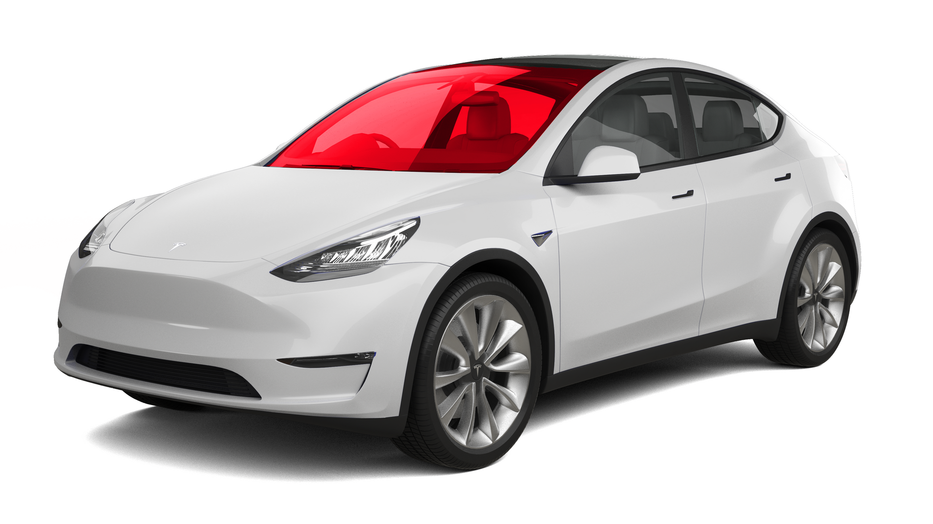 White Tesla Model Y electric SUV with teal-tinted windows, angled towards the viewer.