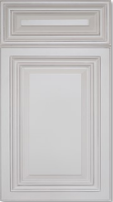 White cabinet door with raised rectangular panel and smaller top panel