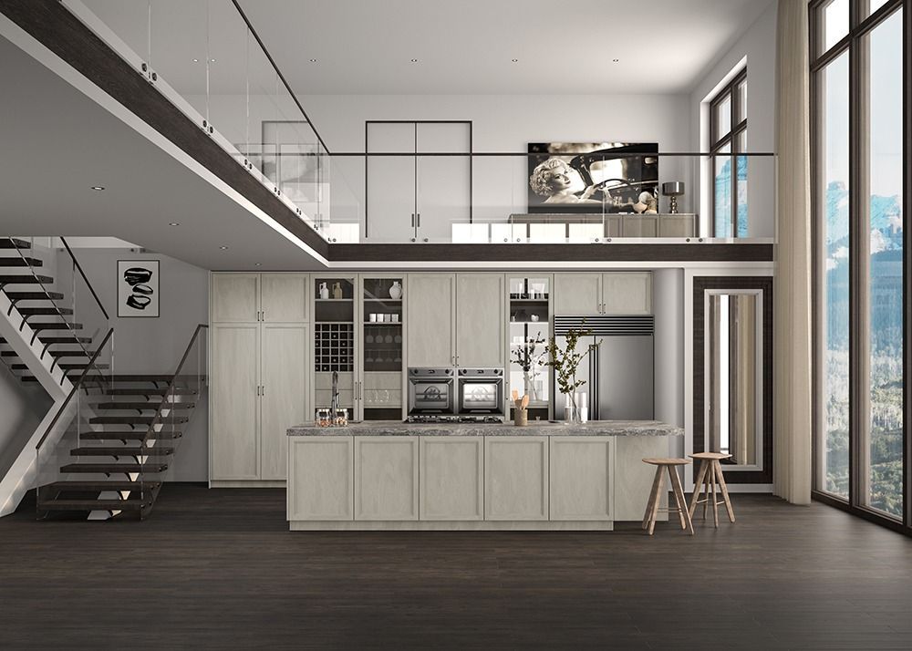 Modern loft interior with open staircase, kitchen bar, mezzanine, and tall windows