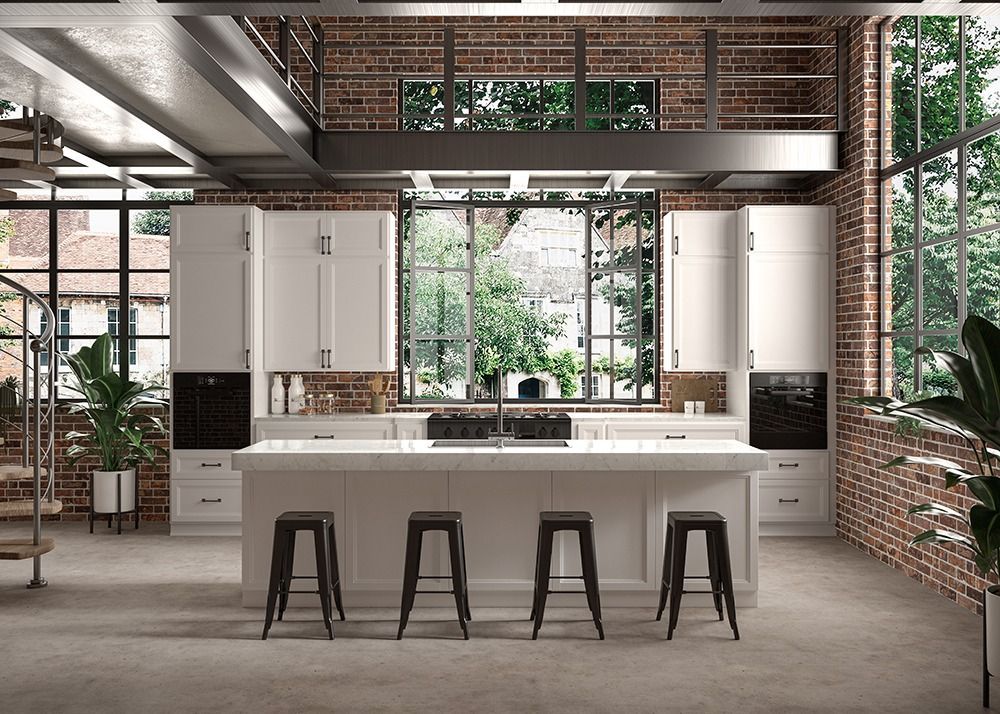 Modern kitchen with white cabinets, brick walls, large windows, and a central island with three stools