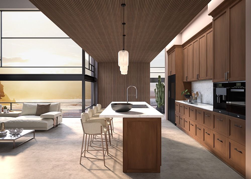 Modern open-plan kitchen and living room with wood cabinetry, island seating, and a large skylight-like ceiling