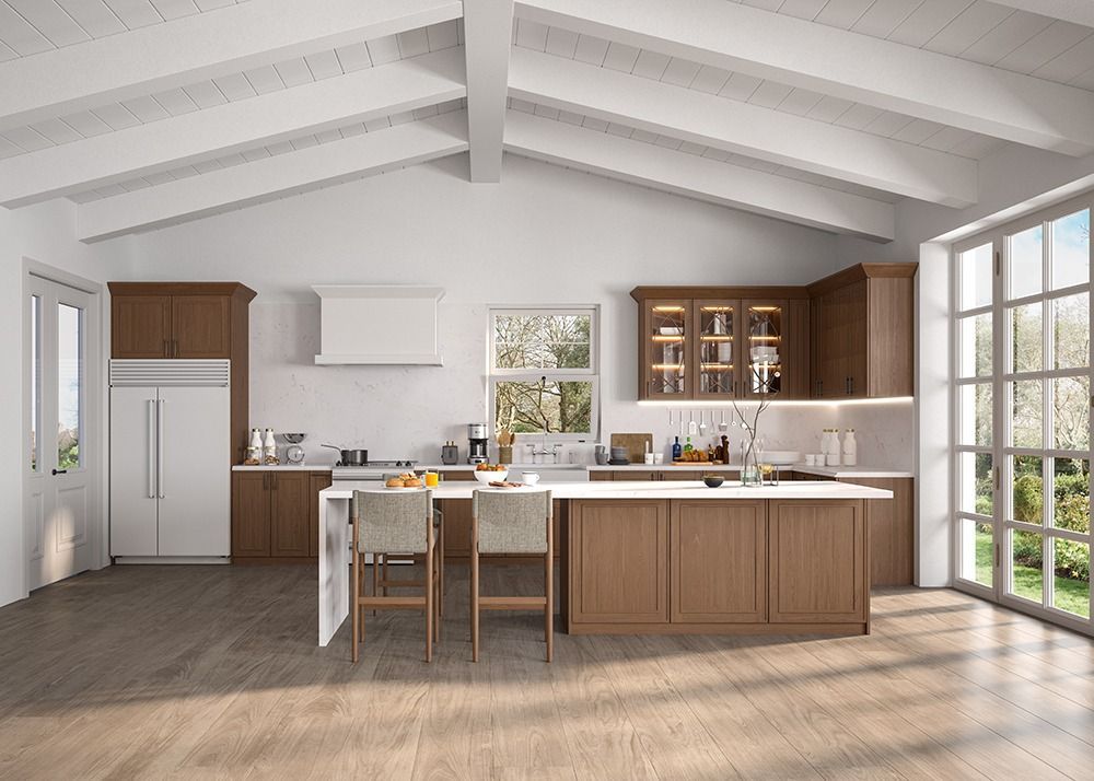 Bright modern kitchen with white walls, wood cabinets, island seating, and large windows