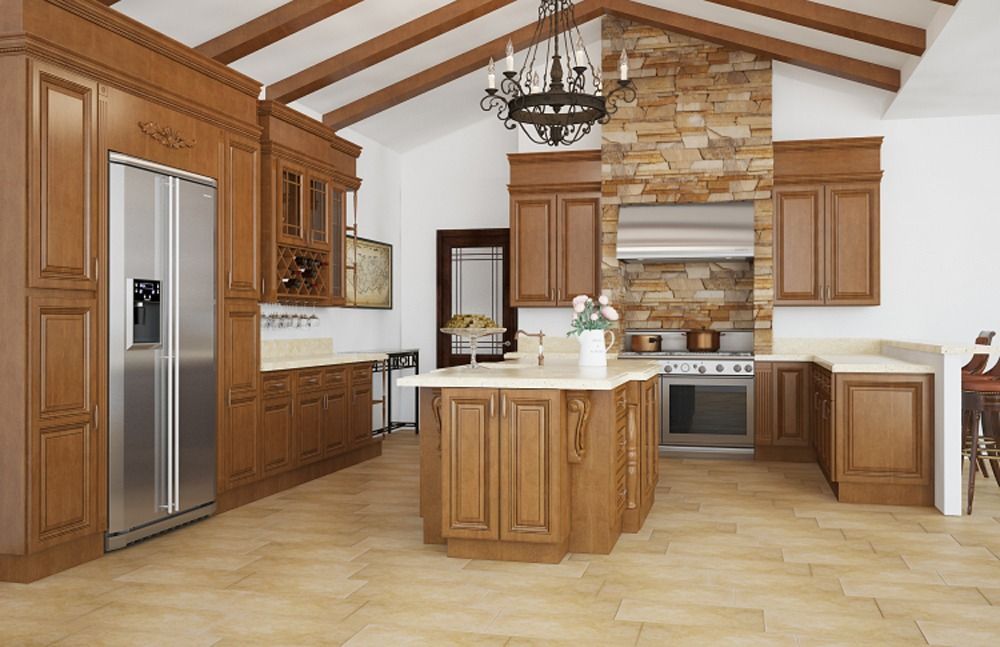 Spacious modern kitchen with wood cabinets, stainless fridge, island, and stone backsplash under exposed beams
