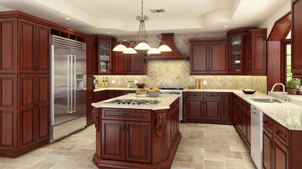 Spacious modern kitchen with dark wood cabinets, marble island, stainless steel appliances, and pendant lights