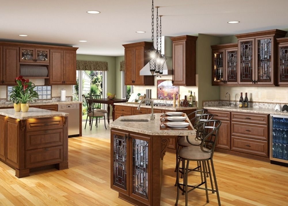 Spacious modern kitchen with dark wood cabinets, granite island, stainless appliances, and hardwood floors
