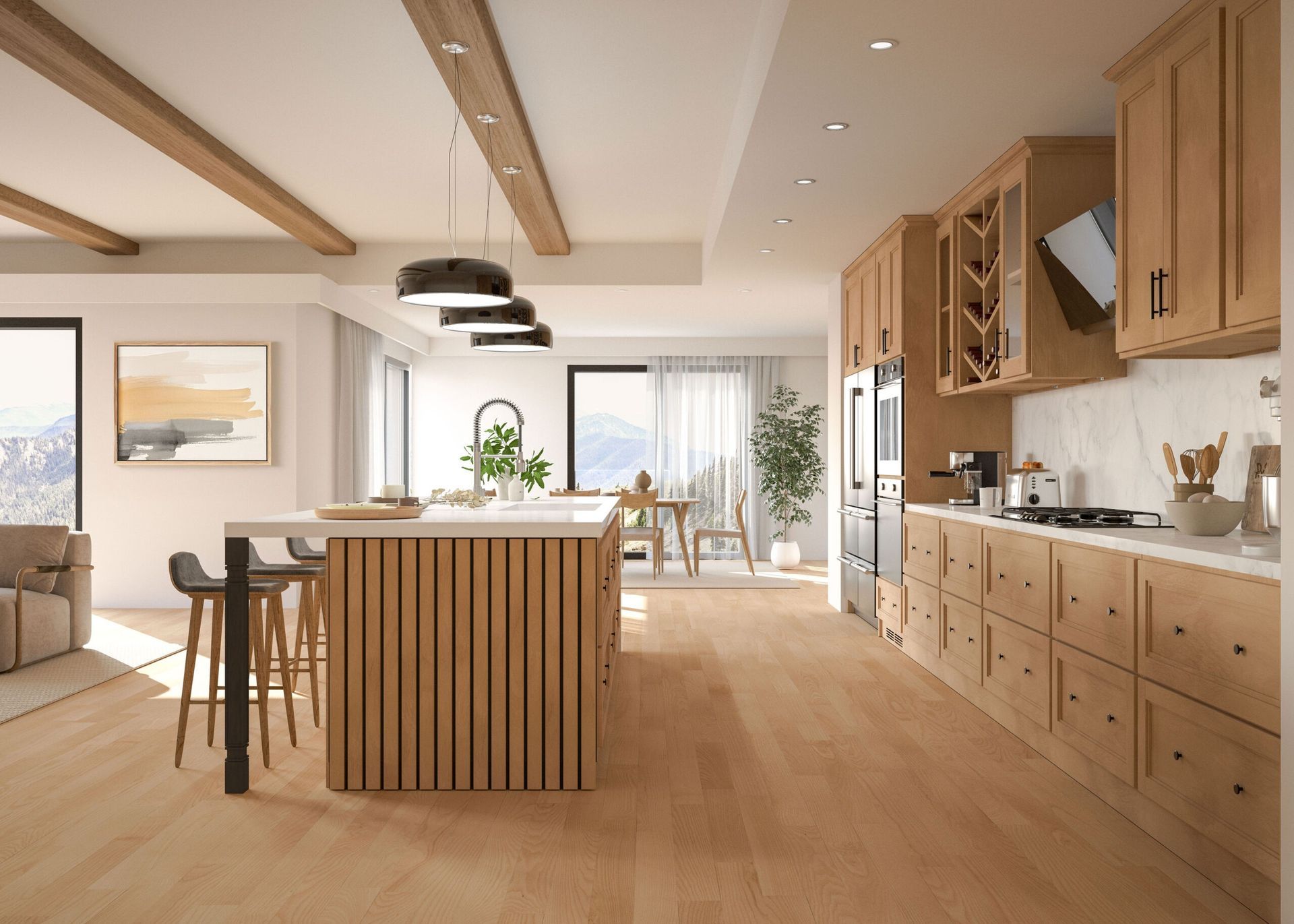 Bright modern kitchen with wood cabinets, island, and dining area opening to a sunlit patio.