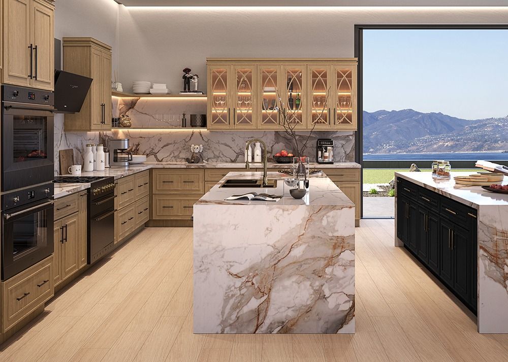 Modern kitchen with marble island, wood cabinets, and large window overlooking mountains and water