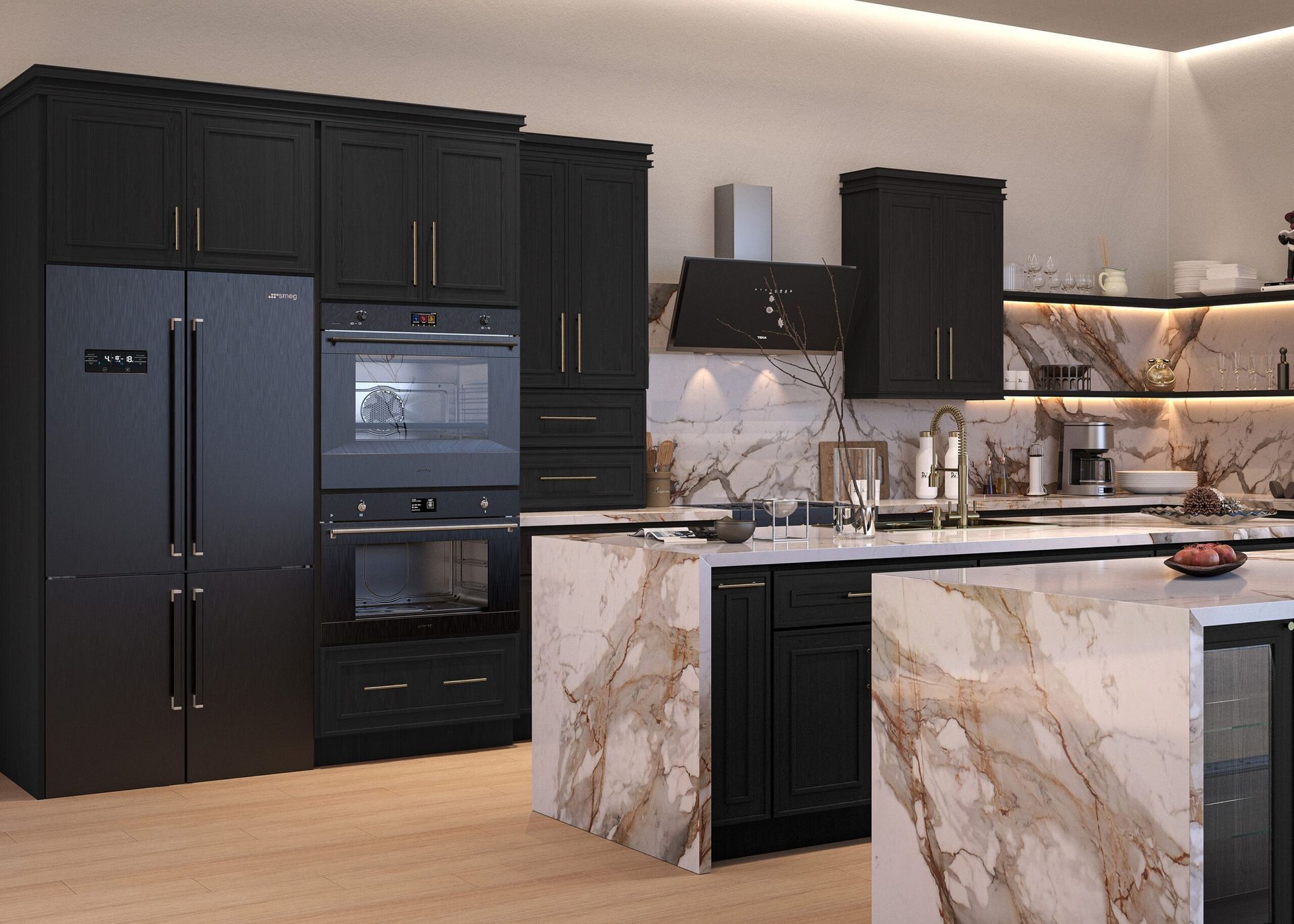 Modern kitchen with dark cabinets, marble island, built-in oven, and open shelves under warm lighting
