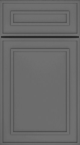 Gray cabinet doors with recessed rectangular panels, one small drawer above a larger door.