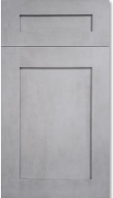 Gray door with a small upper panel and a larger lower panel.