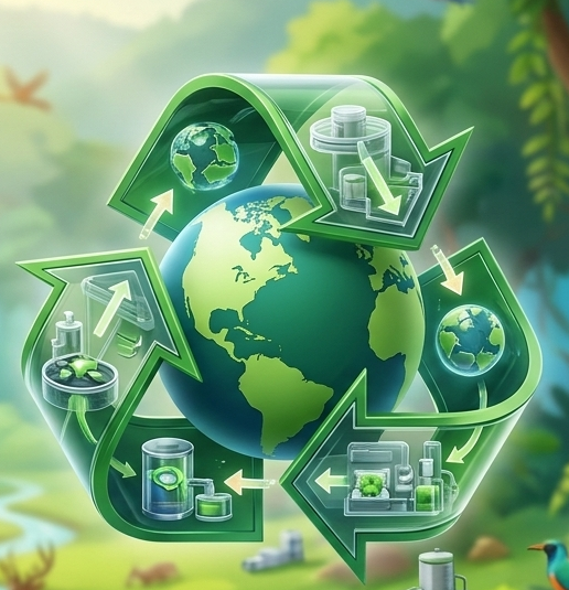 Simbolo verde del riciclo che circonda un globo con icone a tema ecologico su uno sfondo naturale dai toni tenui.