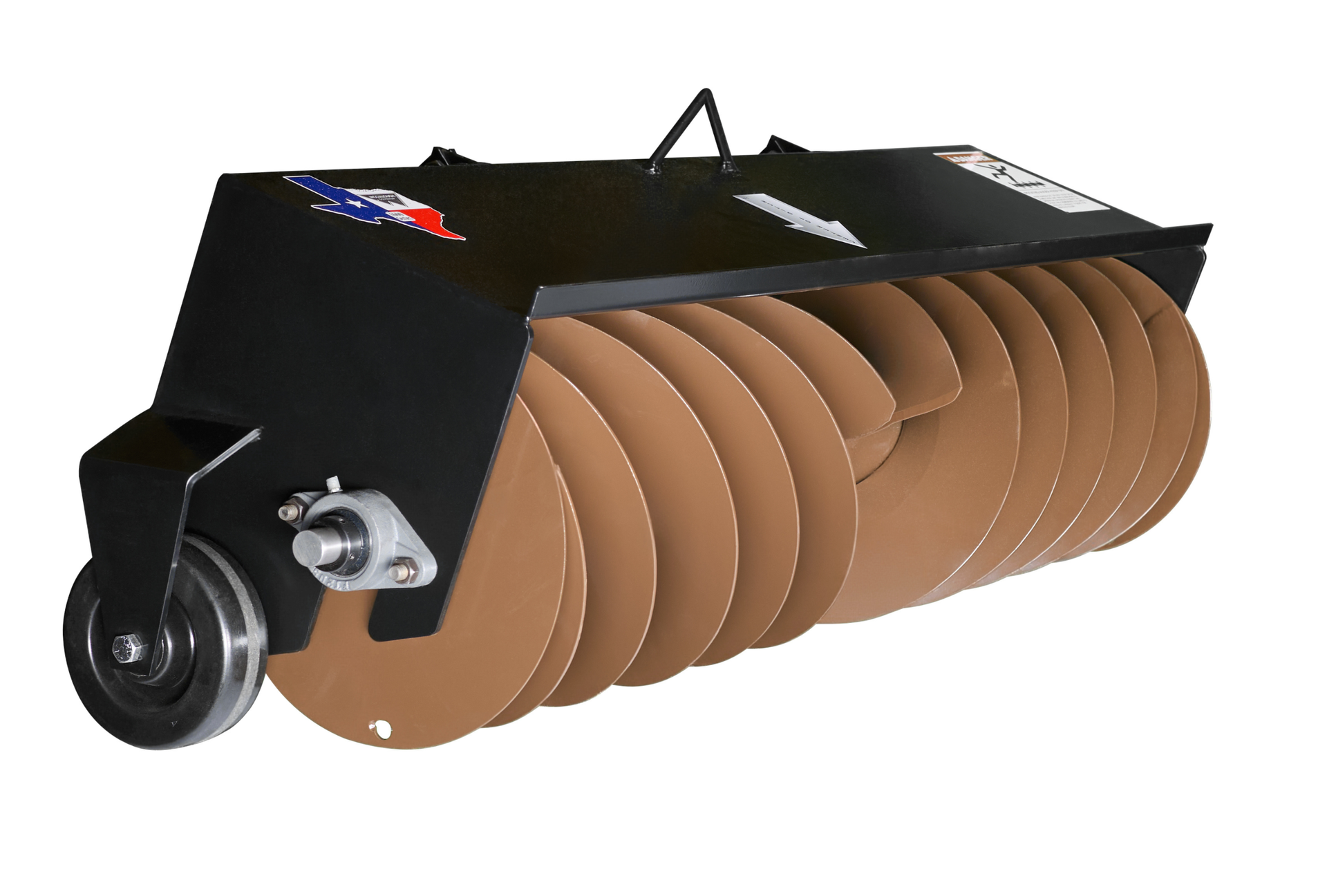 A black agricultural land packer attachment with a row of brown, circular discs and a side swivel wheel.